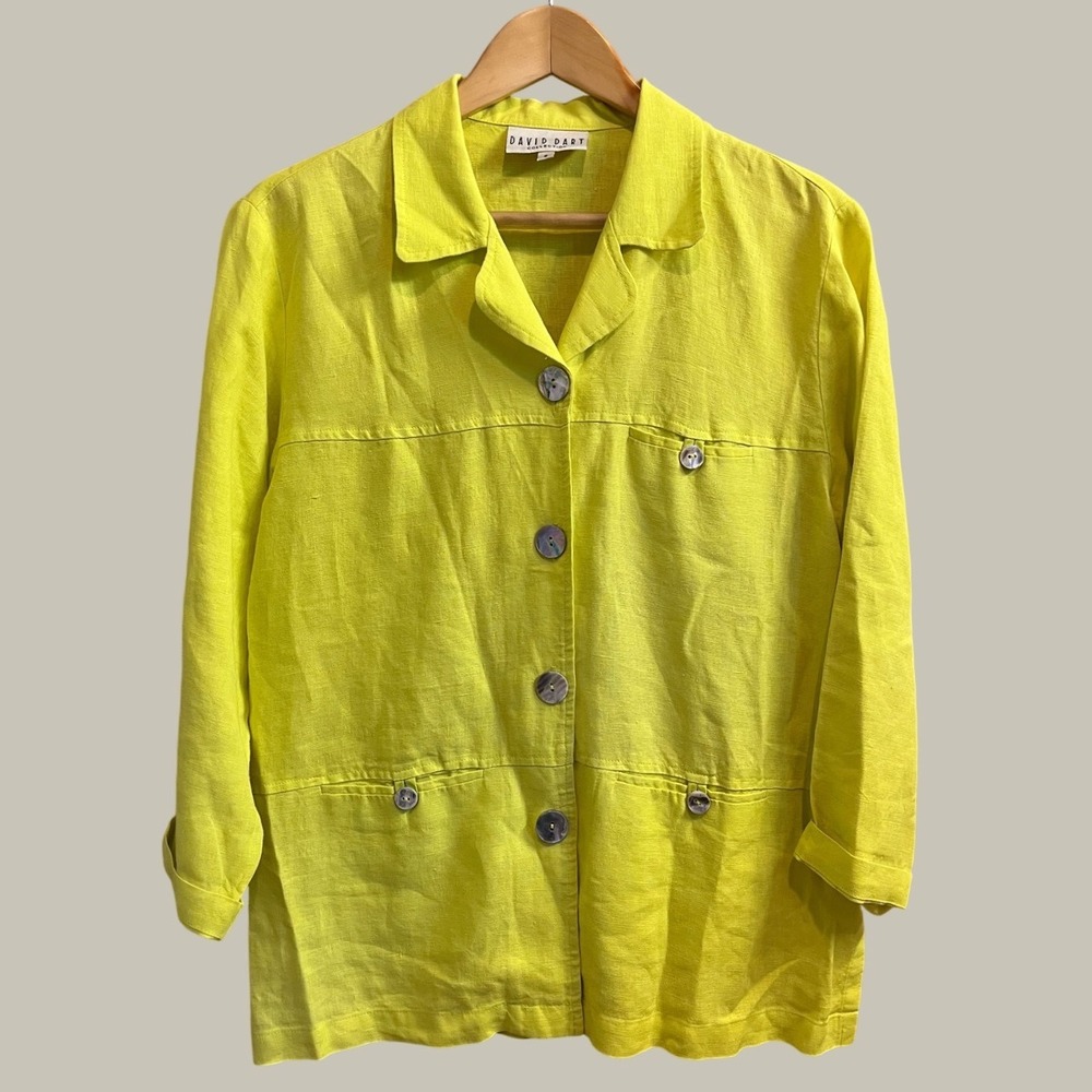 David Dart Linen Jacket Womens Small Lime Green Button Front Utility Made in USA